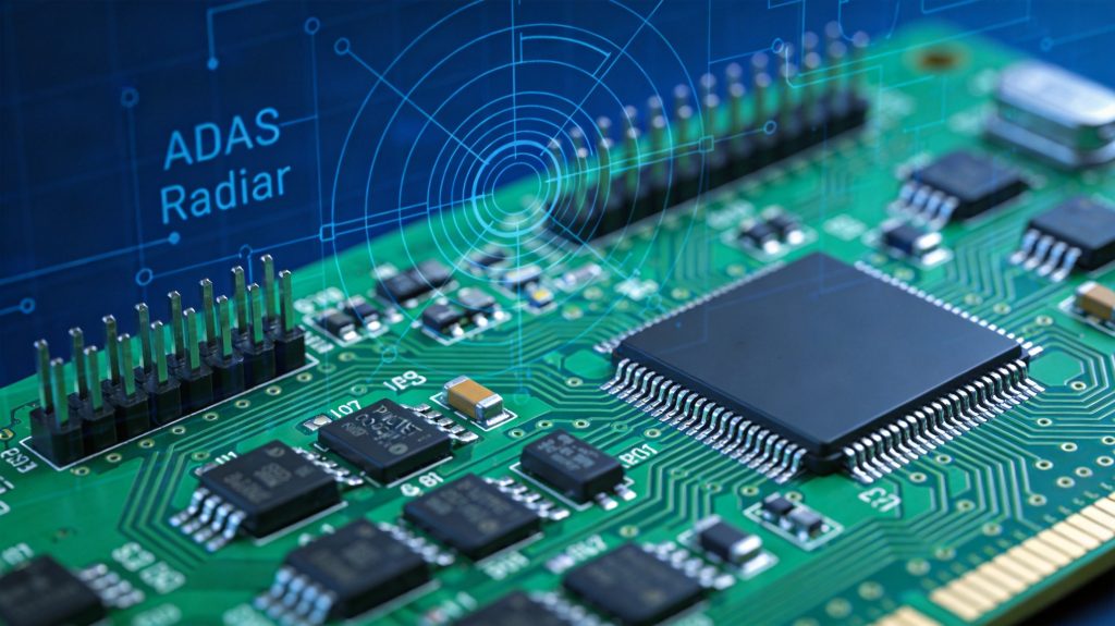 Automotive electronics PCB with AEC-Q qualified components and high-frequency RF traces for ADAS systems