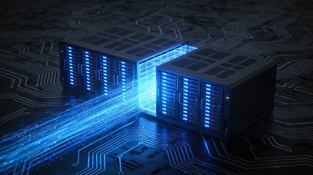 AI computing power bottleneck - server racks under strain with throttled data streams