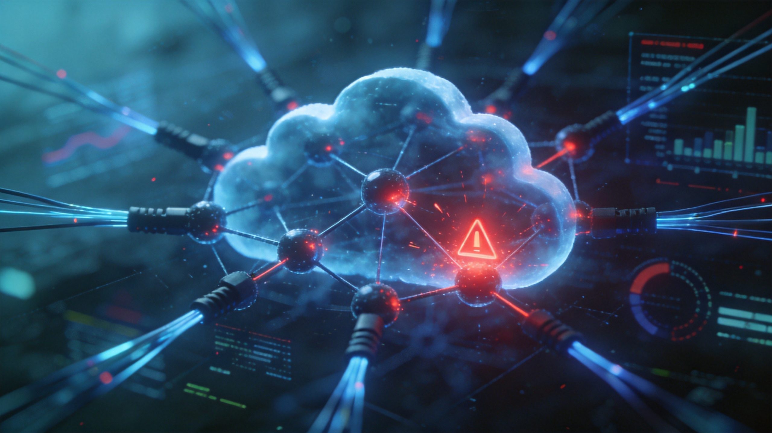 AI infrastructure strain - cloud computing network under heavy load with stressed nodes