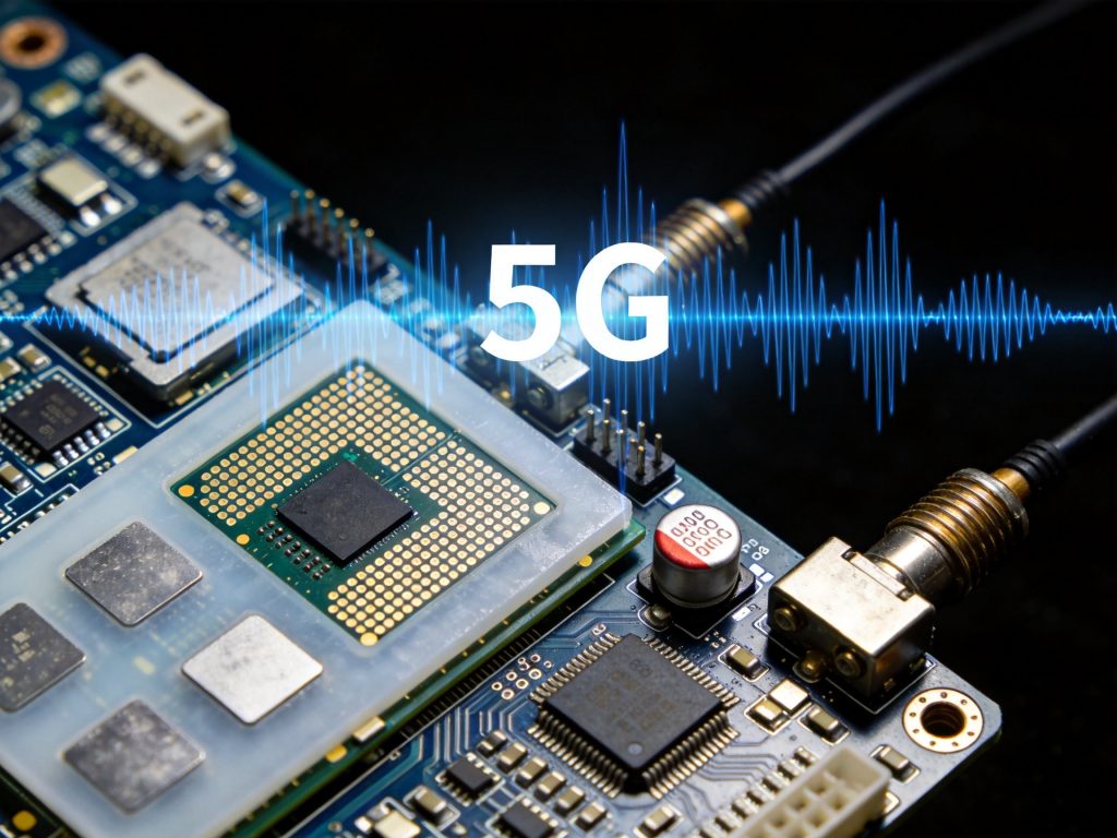 5G base station RF PCB with antenna array patches power amplifiers and beamforming ICs on PTFE substrate