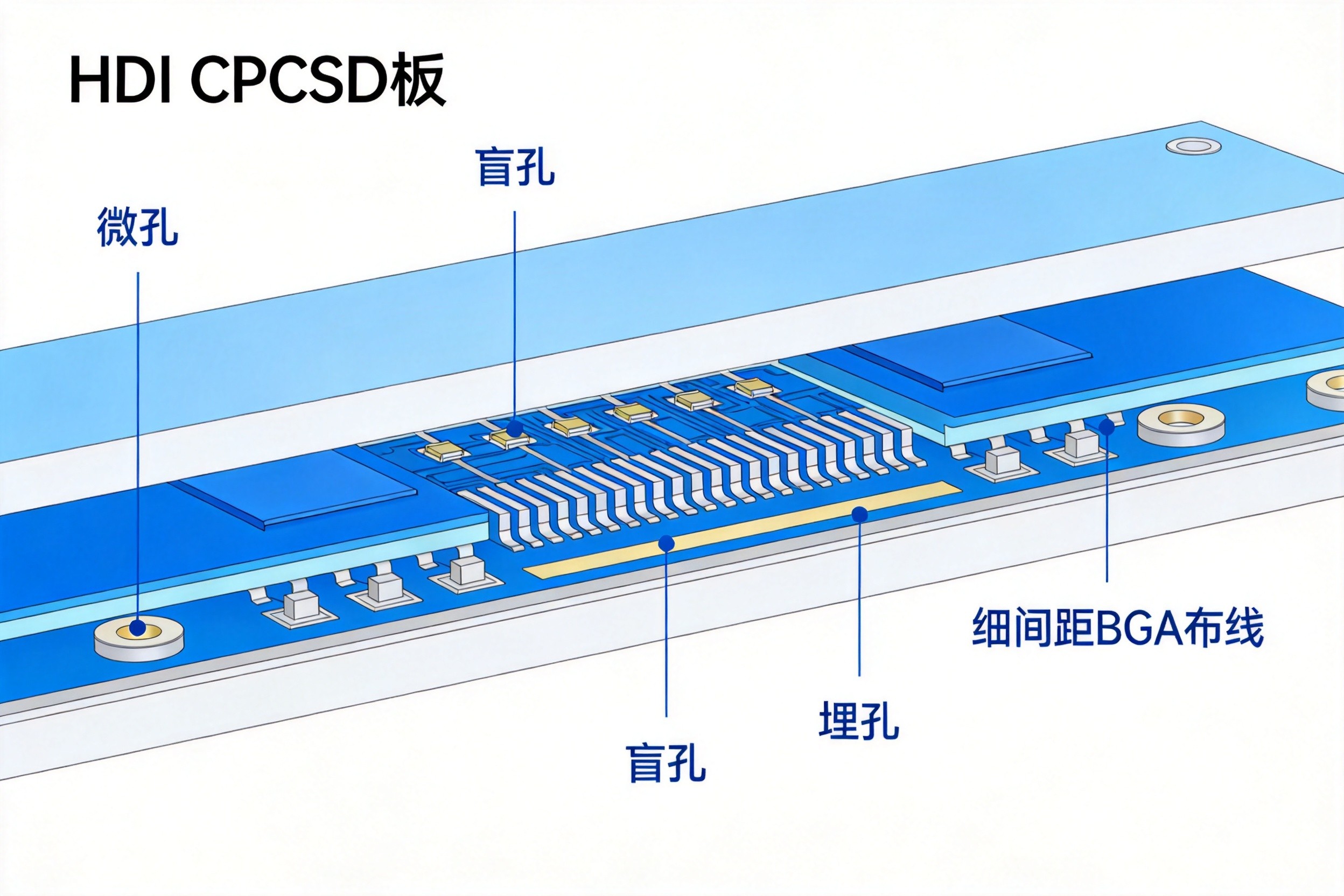 HDI PCB cross-section showing microvias, blind/buried vias, and fine-pitch BGA routing layers