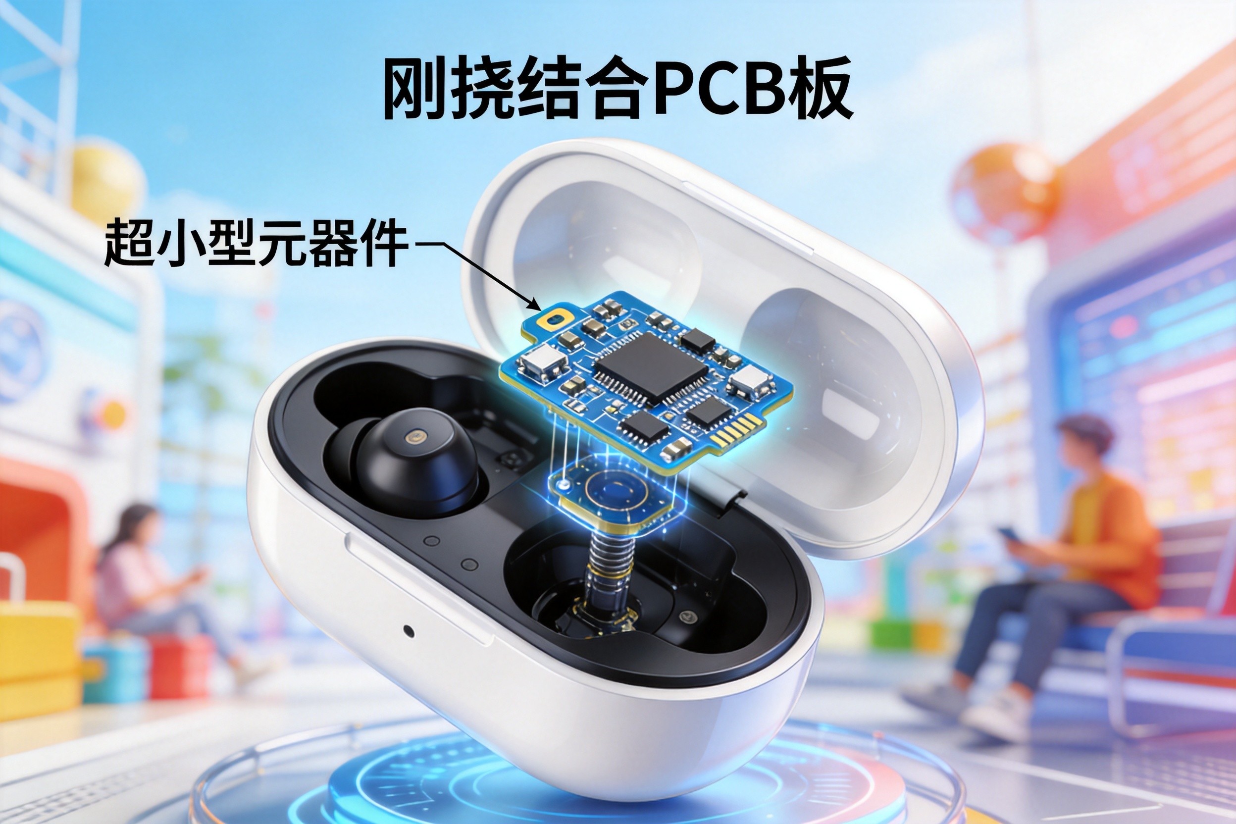 TWS earbuds teardown showing rigid-flex HDI PCB with ultra-small components