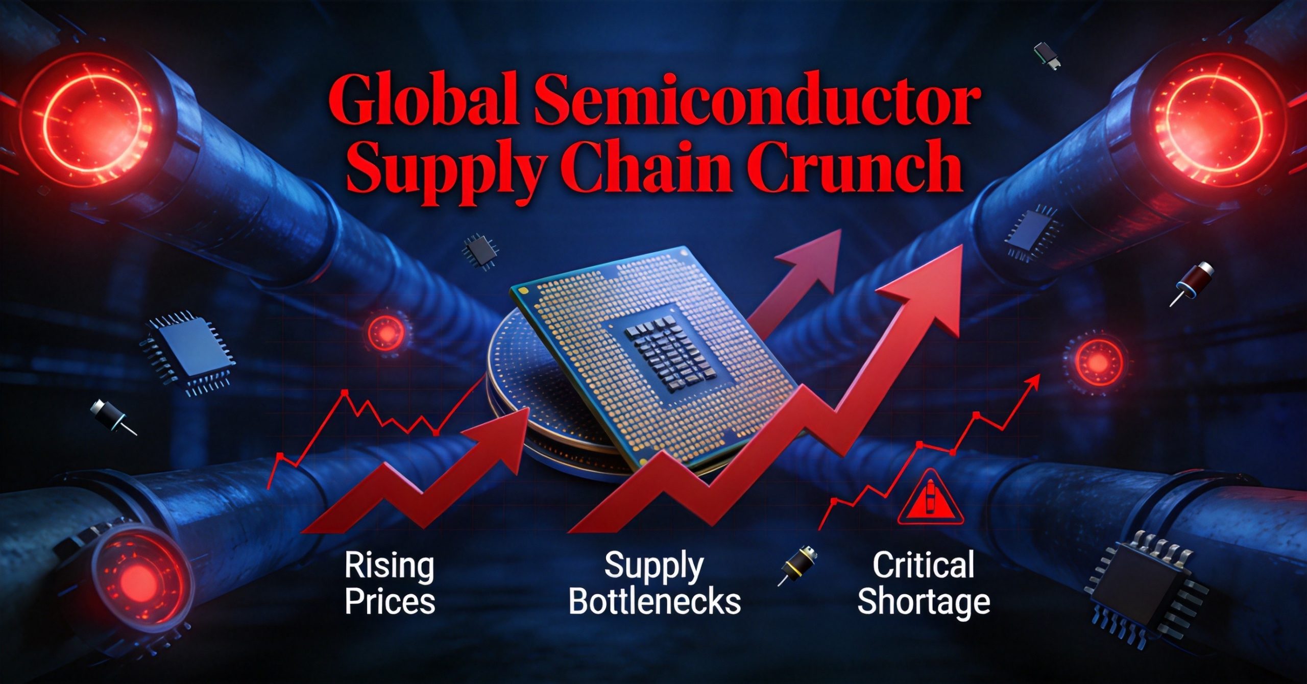 Visualization of global semiconductor supply chain crunch with rising prices and supply bottlenecks