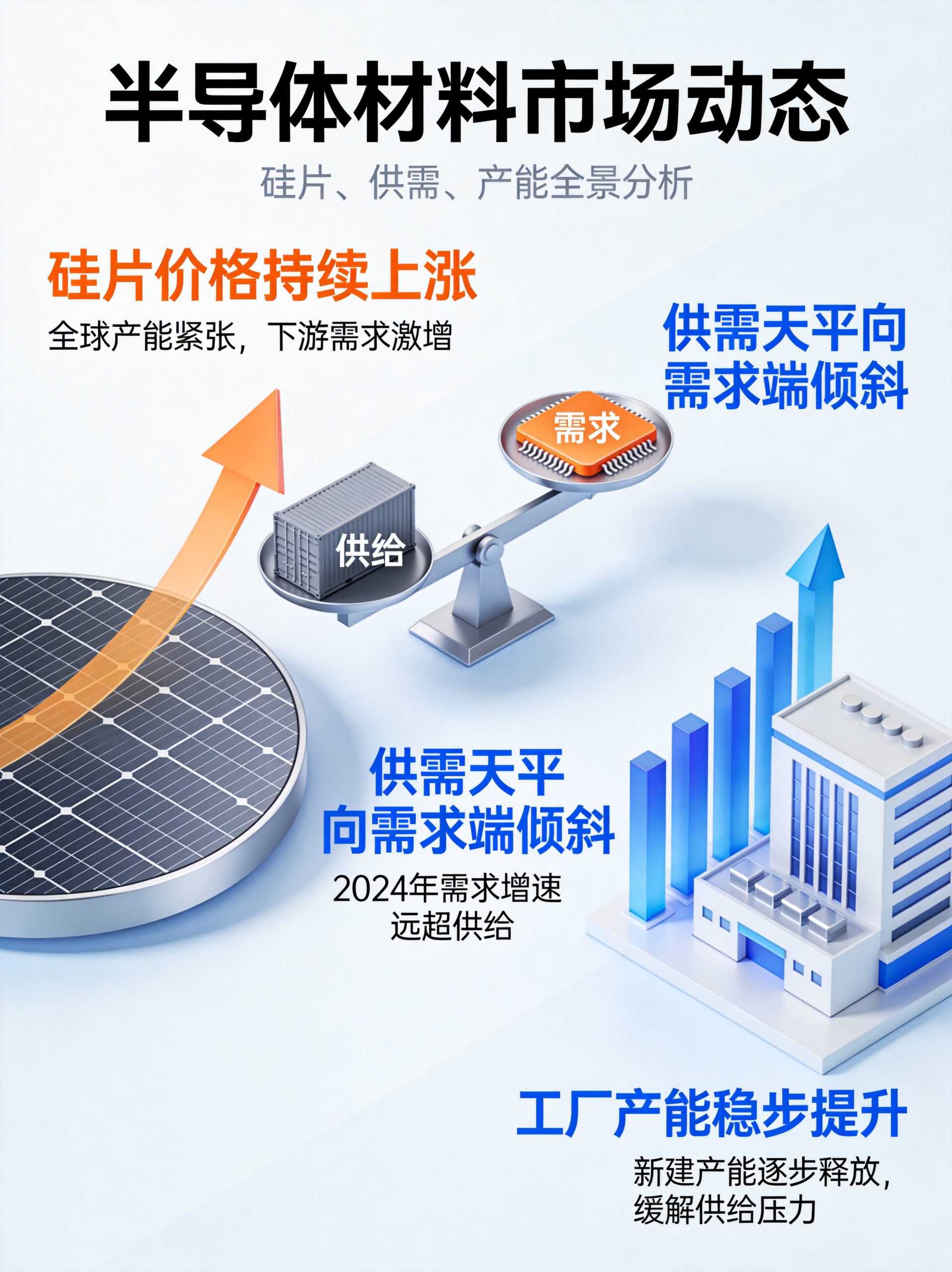 Infographic showing semiconductor materials market dynamics with price trends and supply-demand imbalance