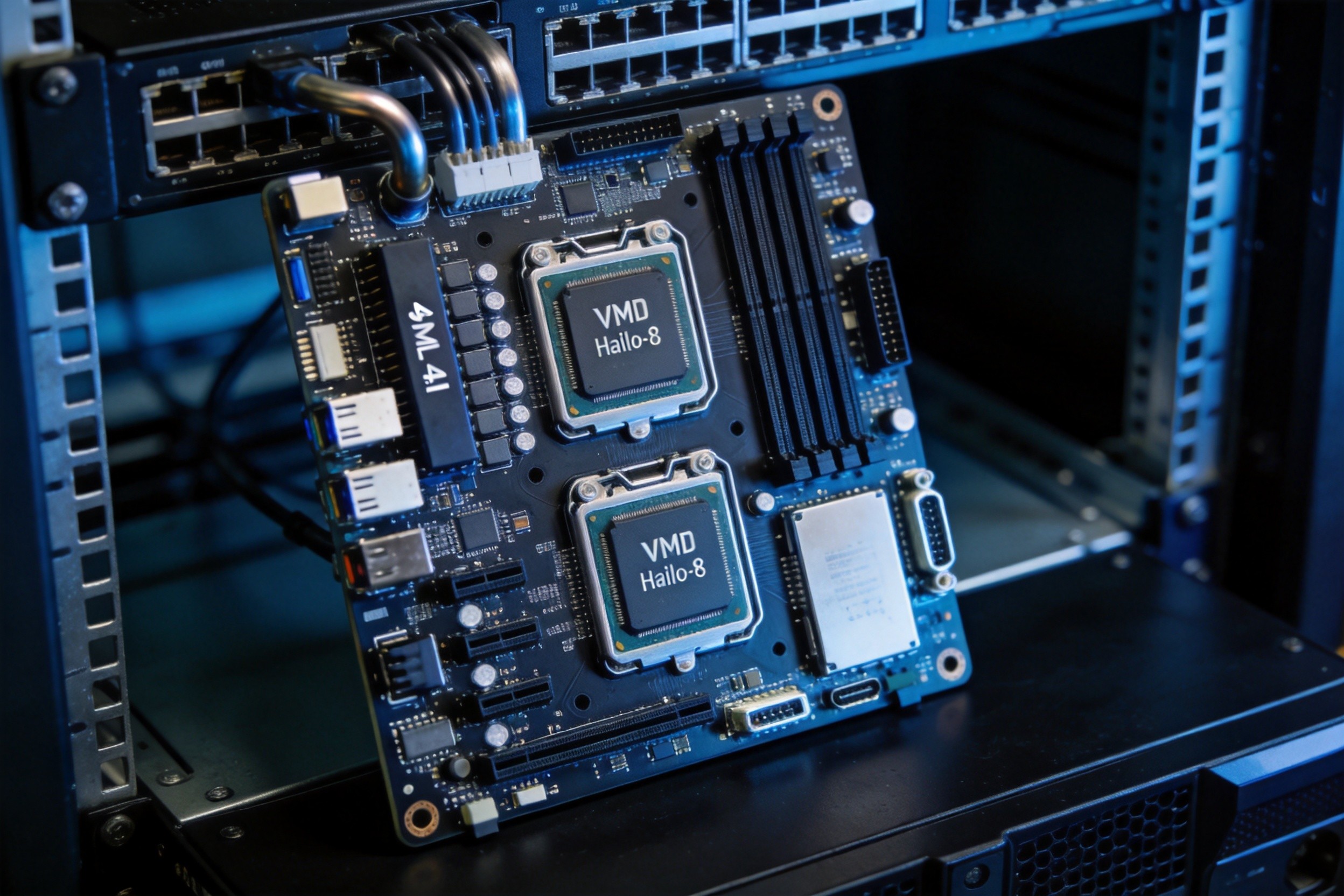 64-channel NVR PCB with dual SoC architecture, NVMe SSD, and Hailo-8 AI accelerator