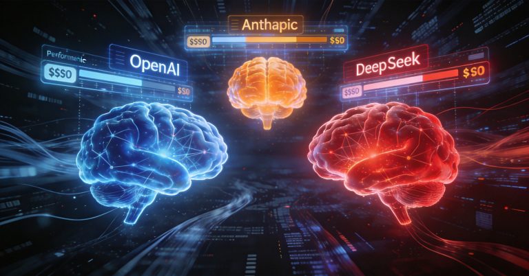 AI model wars - three competing neural network cores representing OpenAI, Anthropic and DeepSeek