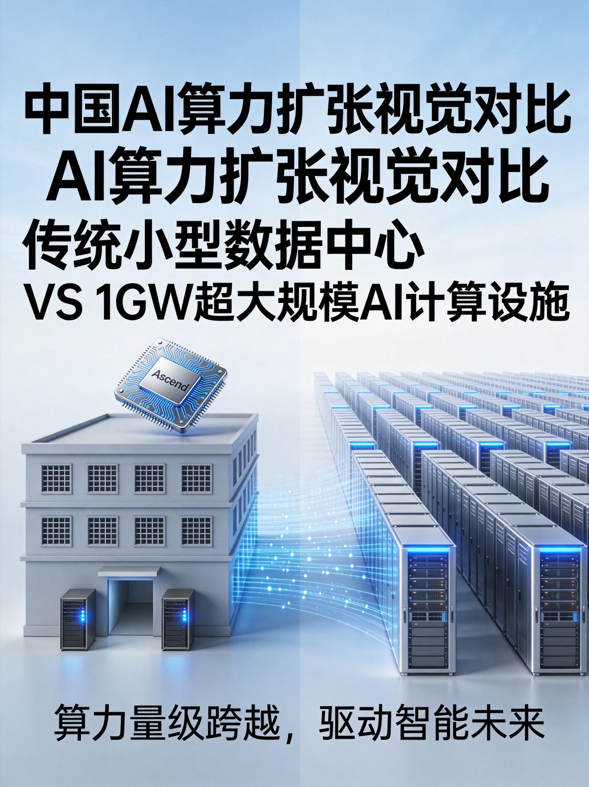 Comparison visualization of China's AI computing power expansion with massive hyperscale data center